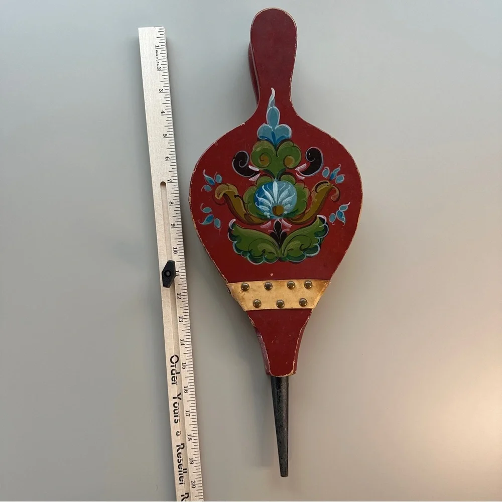 Vintage Scandinavian Original‎ Hand Painted Wood & Leather Fireplace Bellows